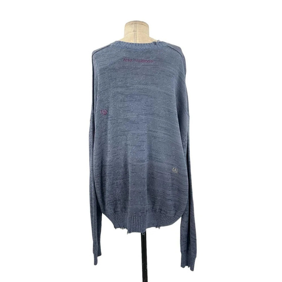 Acne Studios Sweater Peace Sign Embroidered Jumper Knit Blue Size Large *Damaged - Picture 7 of 13